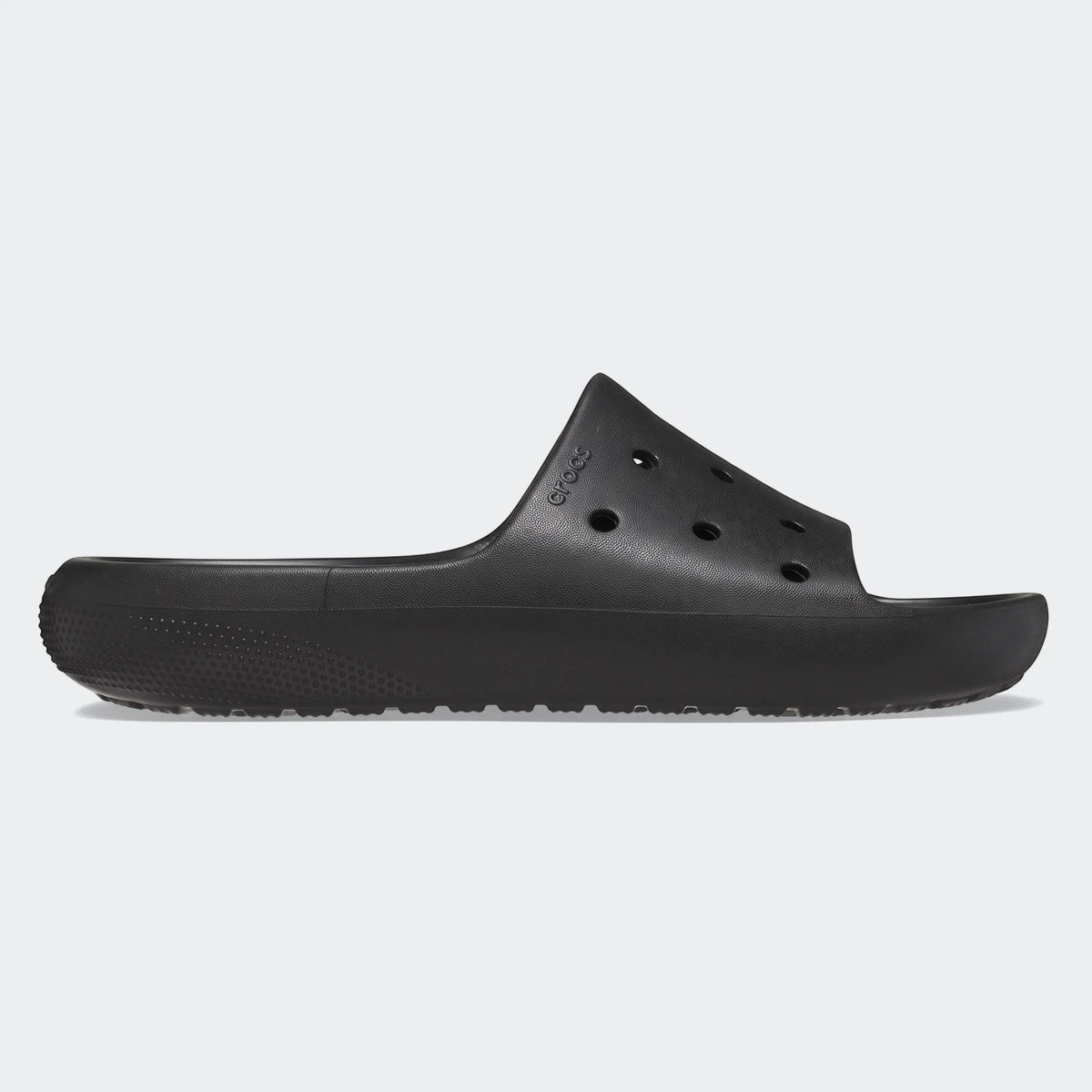 Black Crocs Classic Slide V2 for men and women, featuring comfortable slip-on design with ventilation ports, shown in a side