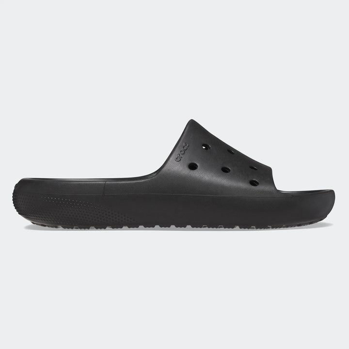 Black Crocs Classic Slide V2 for men and women, featuring comfortable slip-on design with ventilation ports, shown in a side