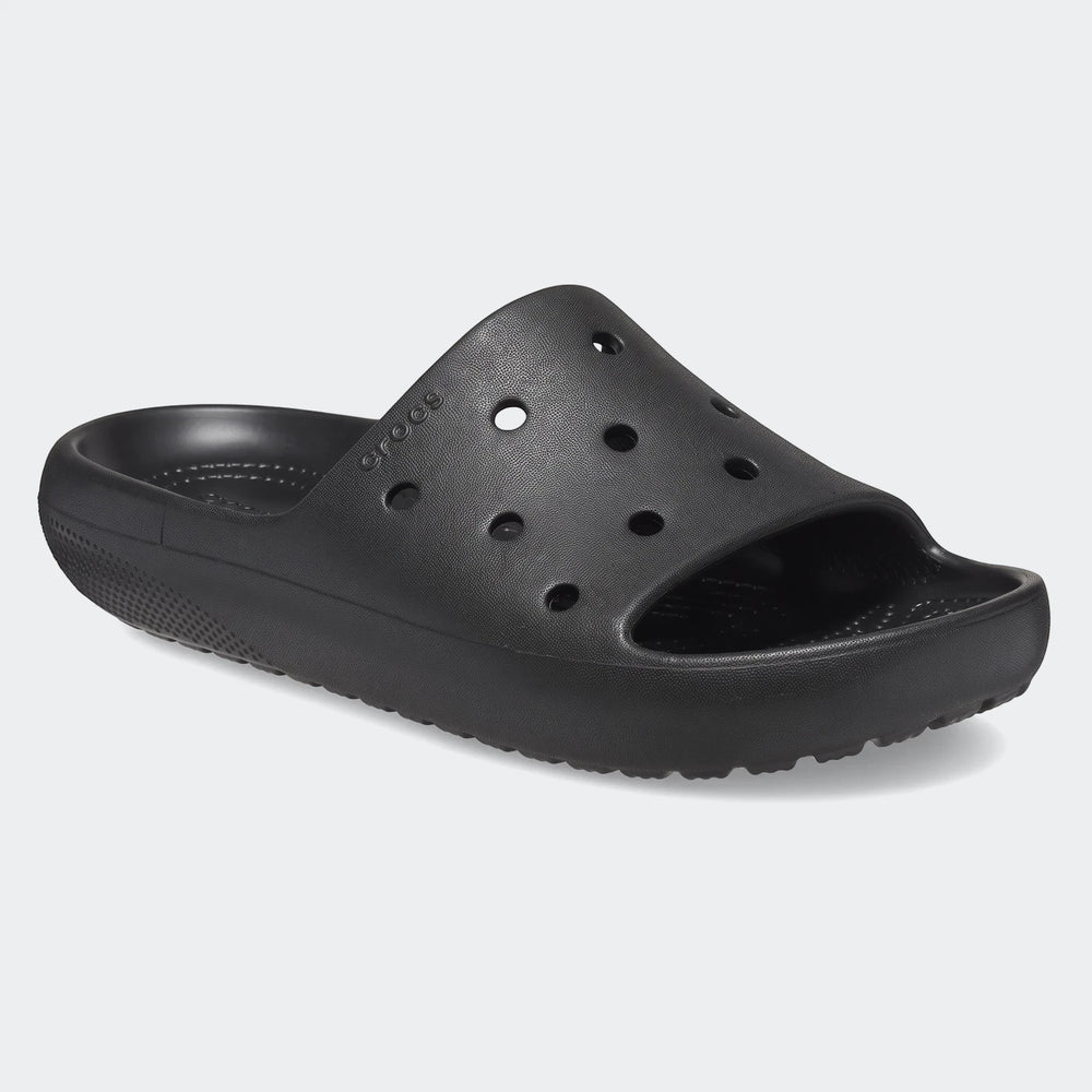 Black Crocs Classic Slide V2 for men and women, a comfortable slip-on sandal with iconic ventilation ports.