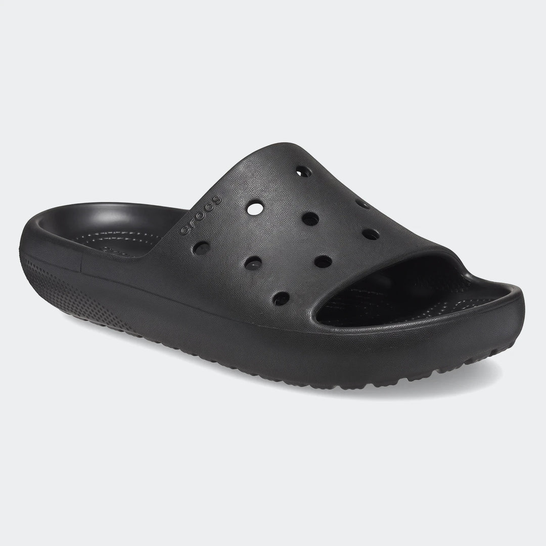 Black Crocs Classic Slide V2 for men and women, a comfortable slip-on sandal with iconic ventilation ports.