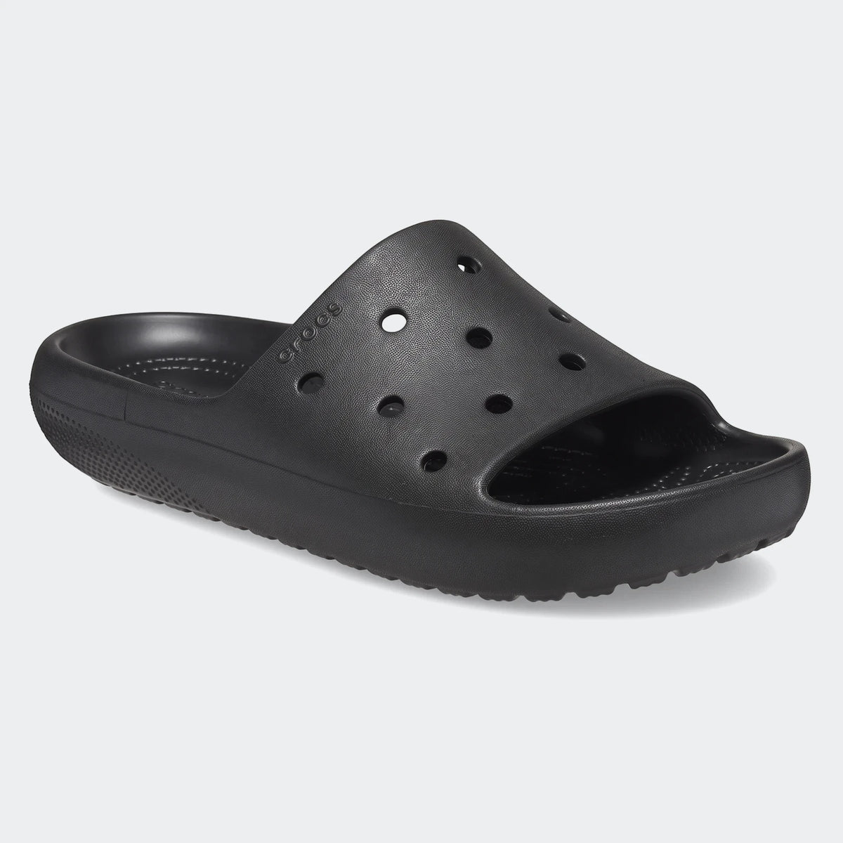 Black Crocs Classic Slide V2 for men and women, a comfortable slip-on sandal with iconic ventilation ports.