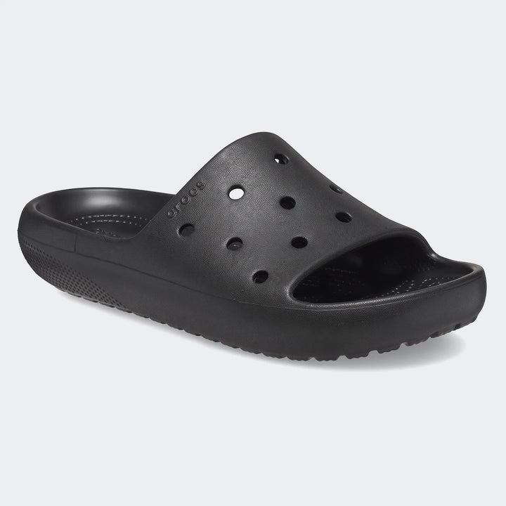 Black Crocs Classic Slide V2 for men and women, a comfortable slip-on sandal with iconic ventilation ports.