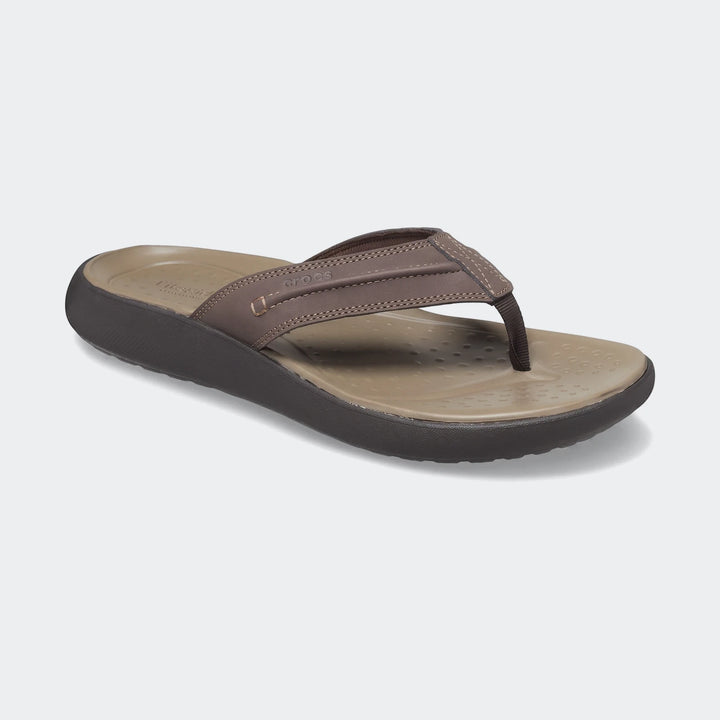 A single brown Crocs Yukon Vista II LiteRide flip-flop, featuring durable straps and a comfortable textured footbed, viewed