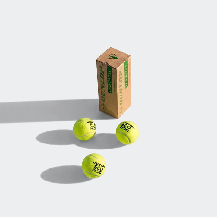D Pb Eco Padel 3 Yellow Padel Balls Pack with three bright yellow felt balls beside the Eco Padel carton.