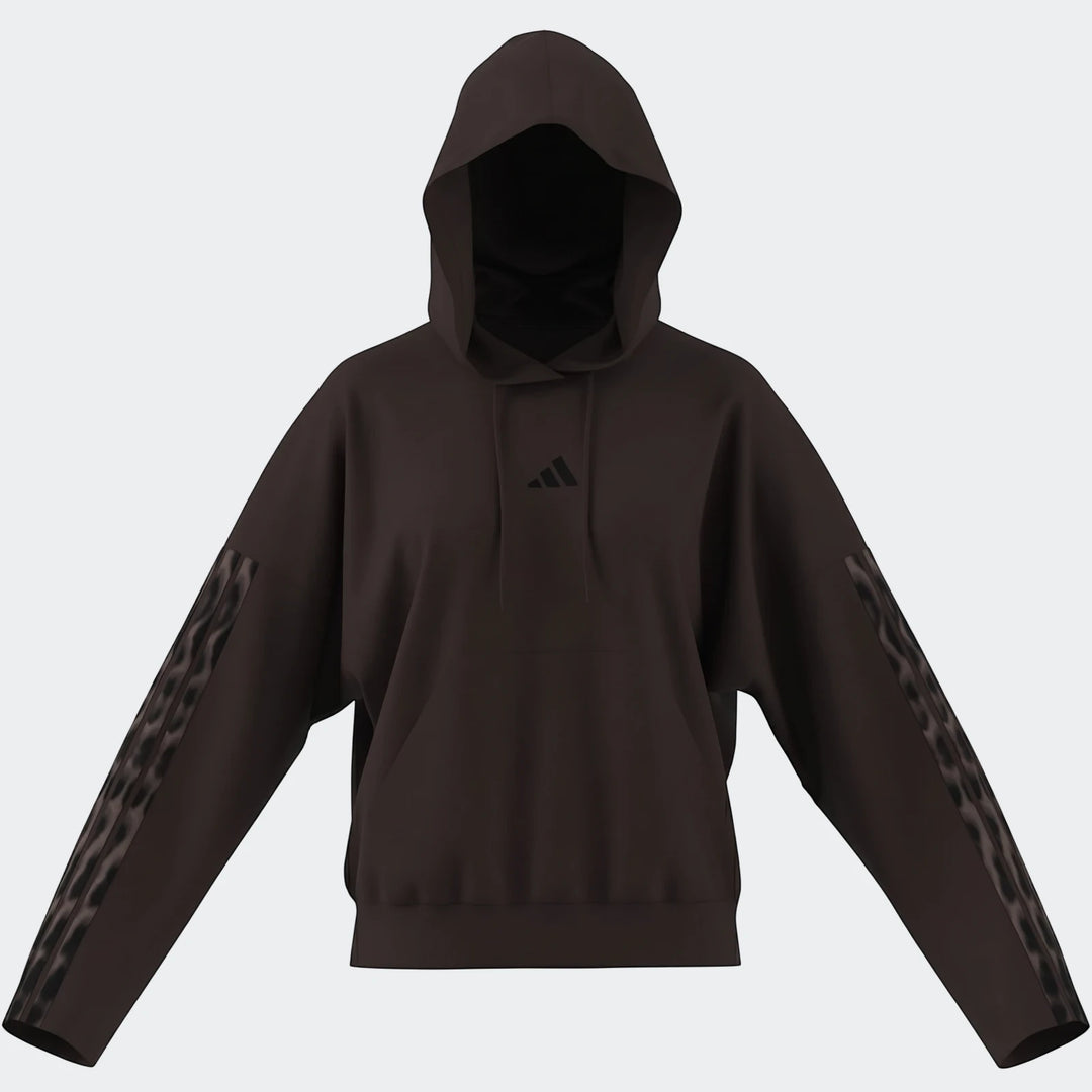 Dark brown Adidas All-Over Print Infill French Terry Hoodie, featuring a logo on the chest and patterned three stripes on