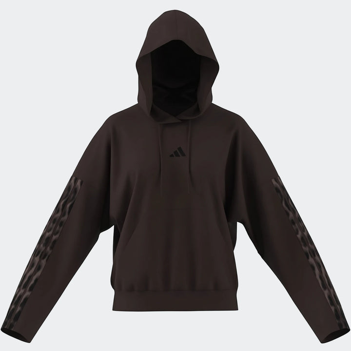 Dark brown Adidas All-Over Print Infill French Terry Hoodie, featuring a logo on the chest and patterned three stripes on