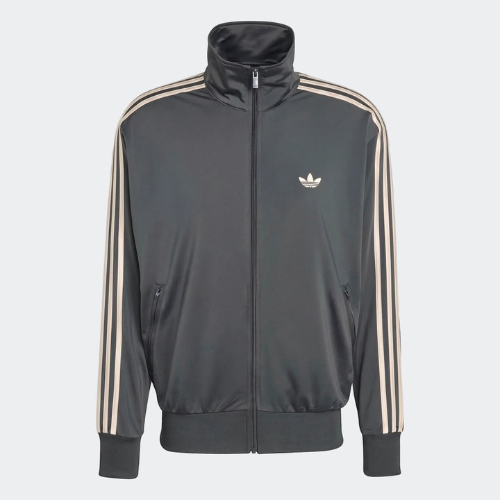 Dark gray Adidas Firebird Track Top with signature three stripes on sleeves and trefoil logo, presented front-on.