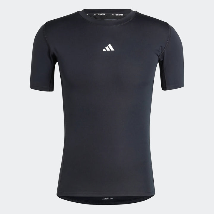 Dark grey short-sleeve athletic training t-shirt with white Adidas logo and 'AEROREADY' branding on a grey backdrop.