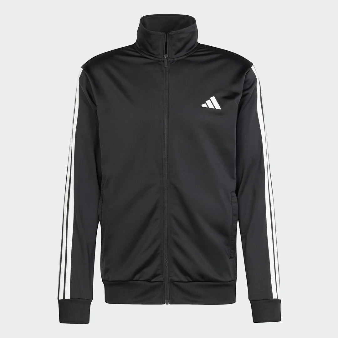 Dayready Tracksuit jacket in black with white stripes and Adidas logo, front view.