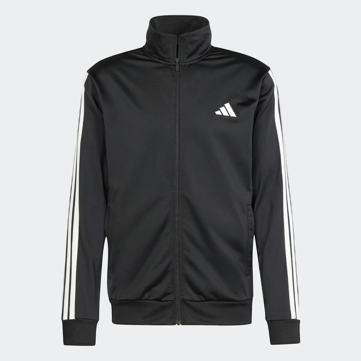 Dayready Tracksuit jacket in black with white stripes and Adidas logo, front view.