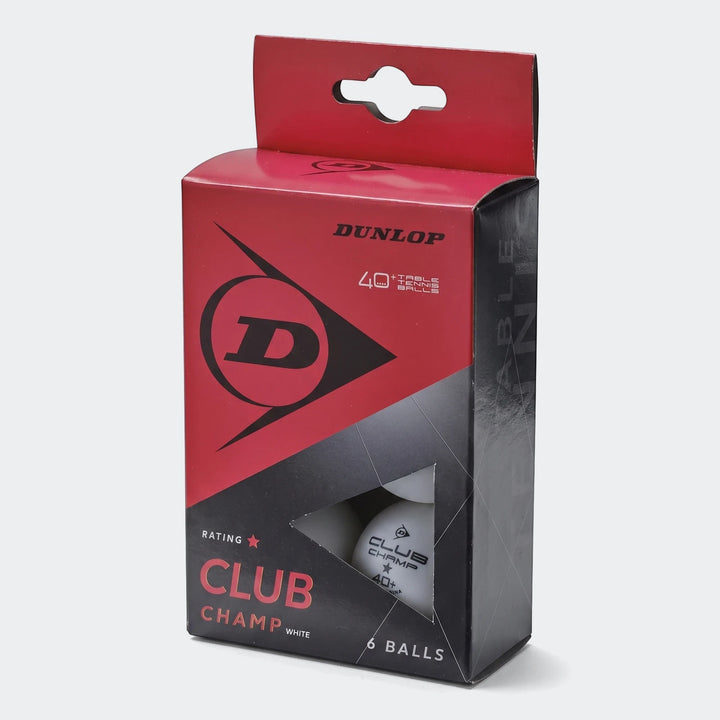 Dunlop Club Champ 40+ white table tennis balls, 6-pack in a red and black cardboard box, with balls visible.