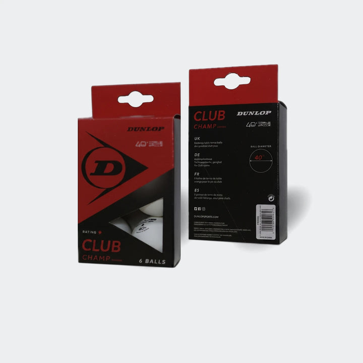 Two black and red Dunlop Club Champ boxes containing six white 40+ table tennis balls, shown from a slight angle.