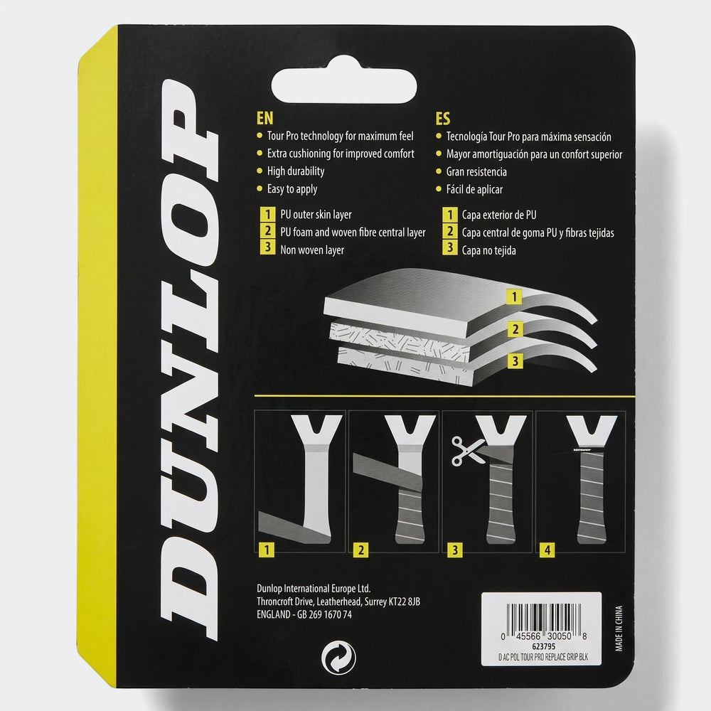 Back of Dunlop D Ac Pdl Tour Pro Replacement Grip Black packaging, featuring product information, application instructions,