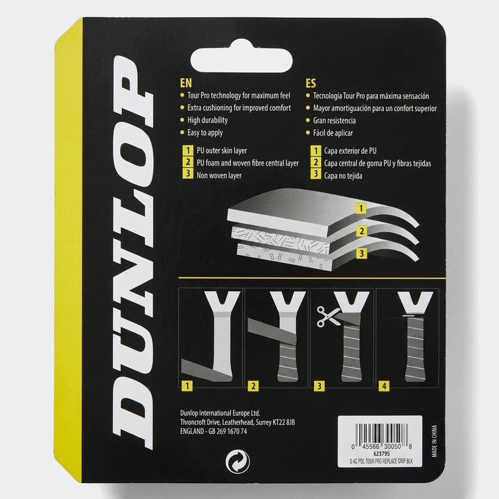 Back of Dunlop D Ac Pdl Tour Pro Replacement Grip Black packaging, featuring product information, application instructions,