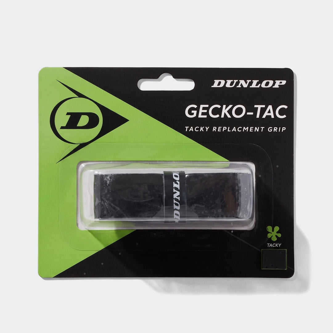 Dunlop D Tac Gecko-Tac black tacky replacement tennis or badminton grip in green and black packaging.