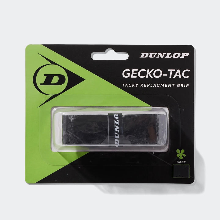 Dunlop D Tac Gecko-Tac black tacky replacement tennis or badminton grip in green and black packaging.