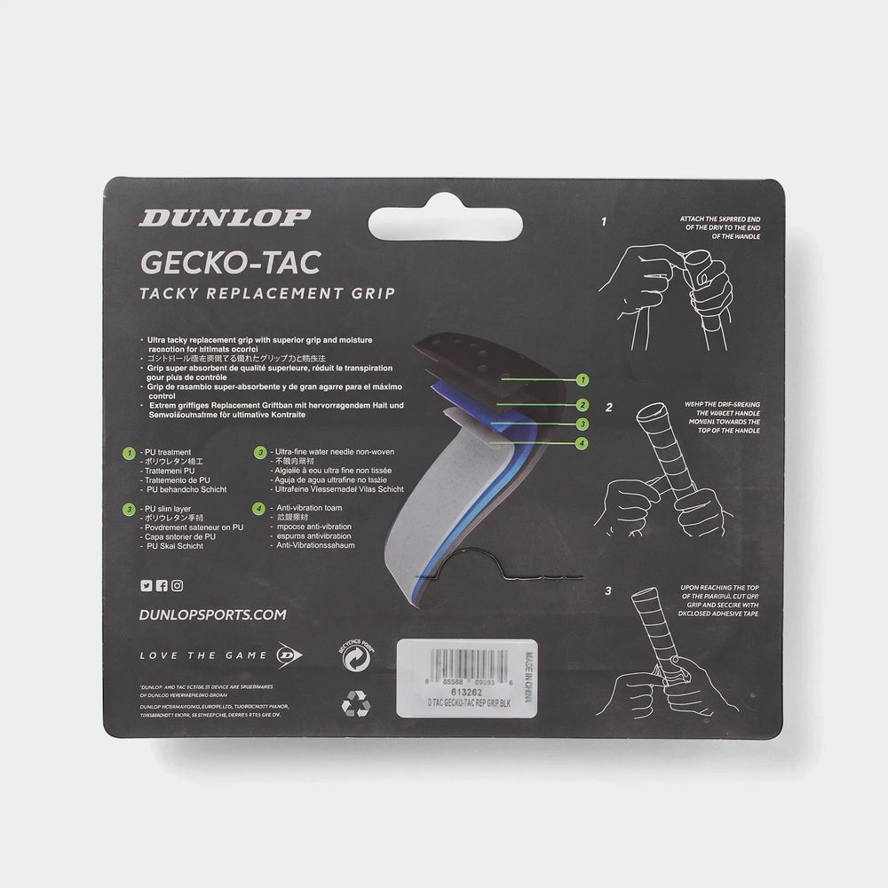 Dunlop Gecko-Tac Tacky Replacement Grip in black and blue, shown in packaging with application instructions.