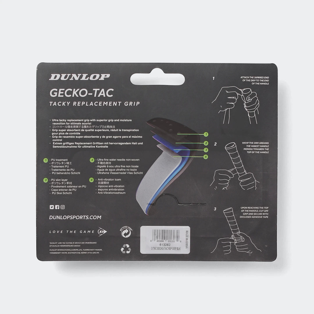 Dunlop Gecko-Tac Tacky Replacement Grip in black and blue, shown in packaging with application instructions.