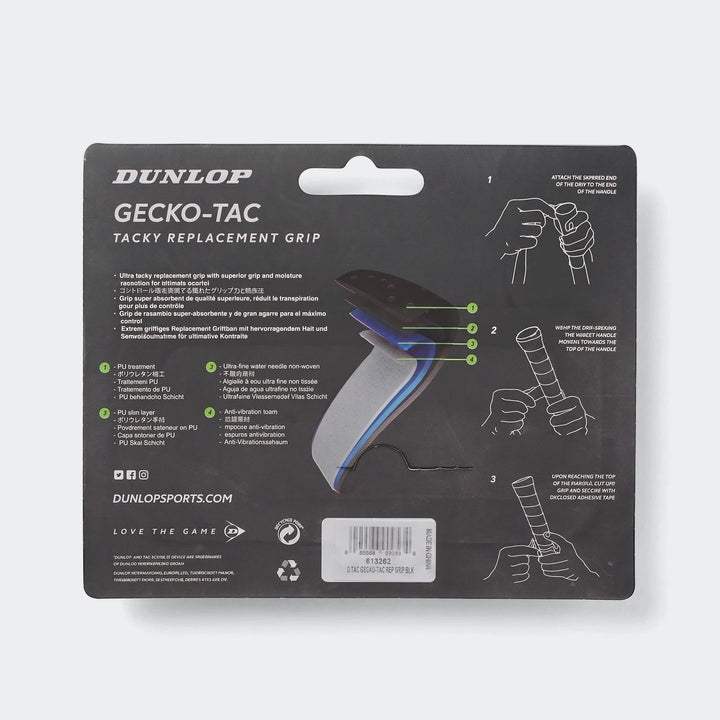 Dunlop Gecko-Tac Tacky Replacement Grip in black and blue, shown in packaging with application instructions.