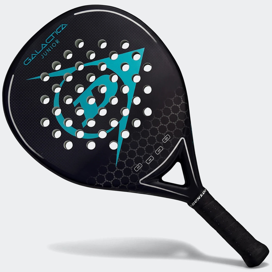 Dunlop Padel Bat Galactica Junior, a black padel racket with bright teal branding and a textured grip, viewed diagonally.