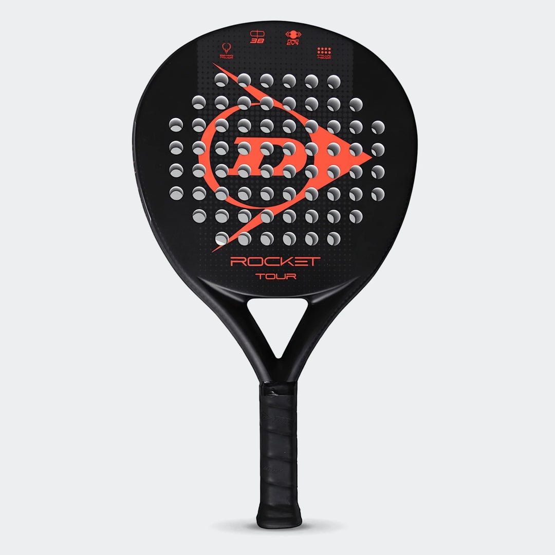 Black Dunlop Padel Rocket Tour racket with prominent red-orange branding and numerous perforations, shown vertically on a