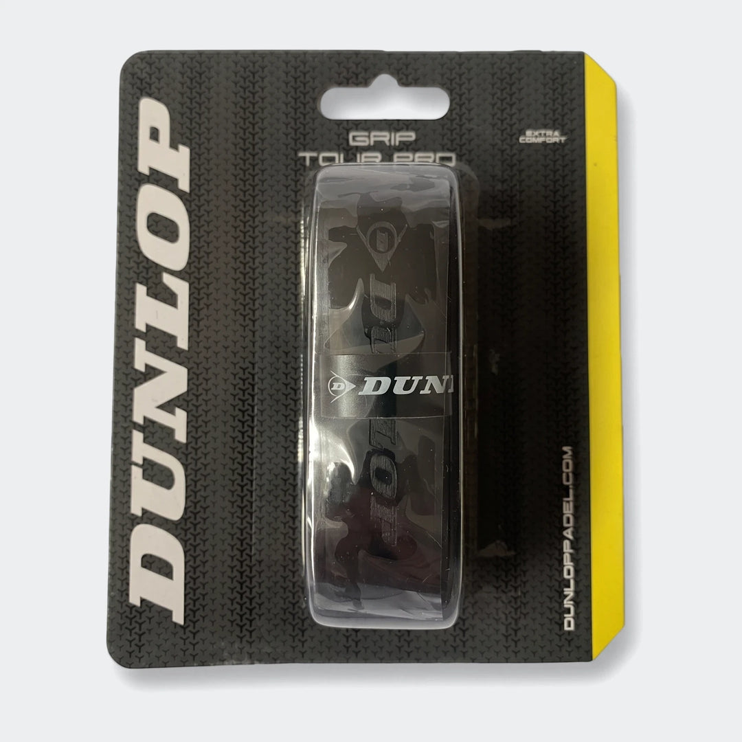 A black Dunlop Tour Pro Replacement Grip in its retail packaging, presented from a front view, highlighting the product