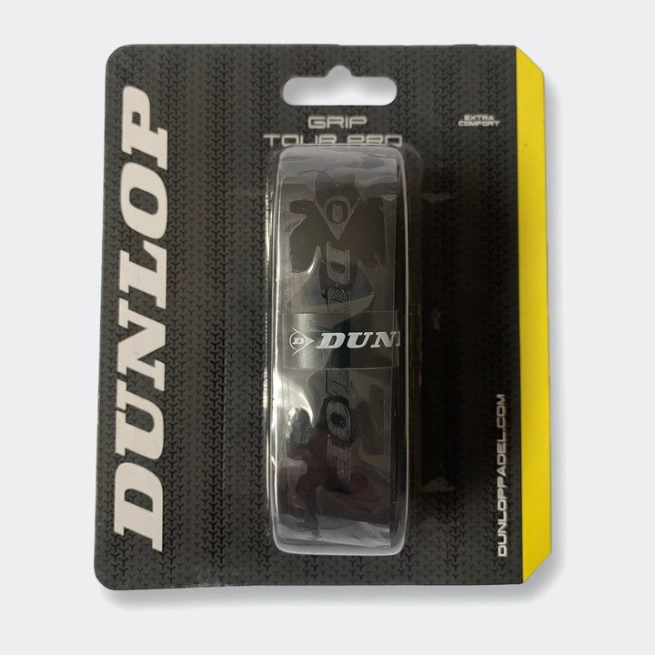 A black Dunlop Tour Pro Replacement Grip in its retail packaging, presented from a front view, highlighting the product