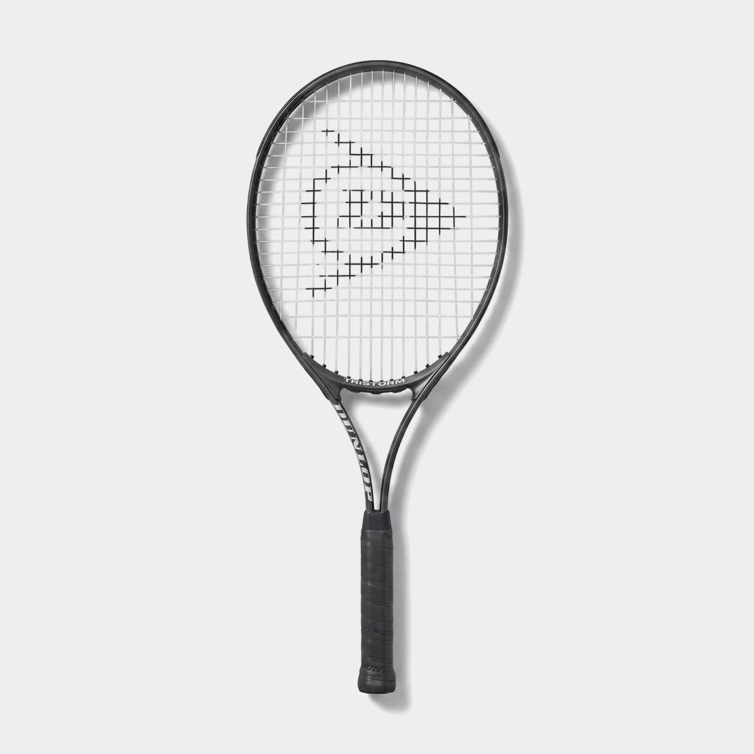 A black Dunlop Tristorm Start 110 tennis racket with white strings and a black grip, shown in a full front view.