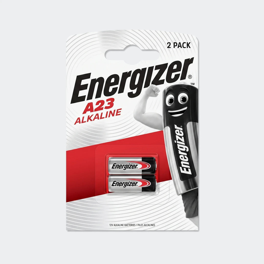 Energizer A23 Alkaline 12V 2-pack grey batteries in red and white blister packaging