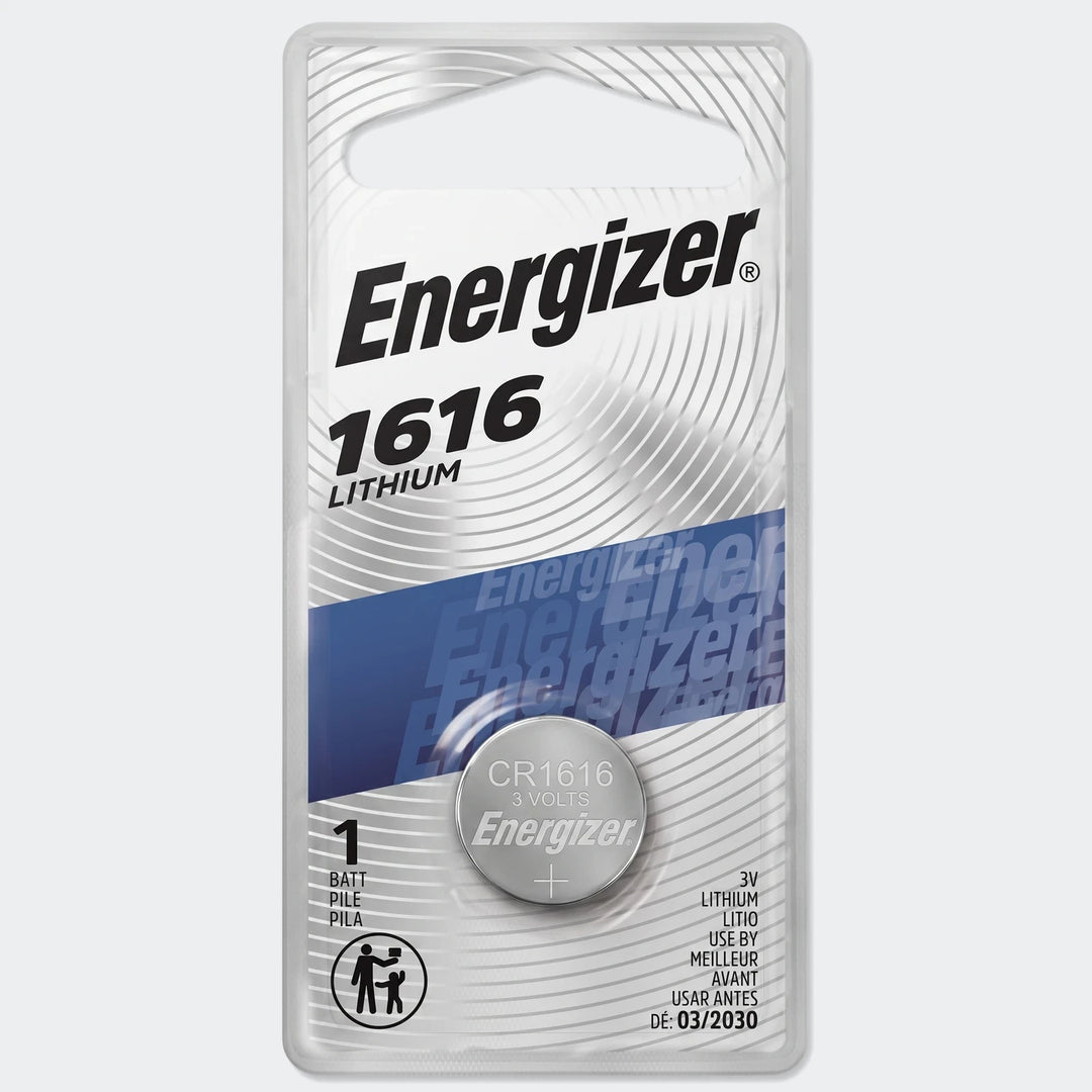 Energizer CR1616 3-volt grey lithium coin cell battery in transparent blister packaging, displayed upright.