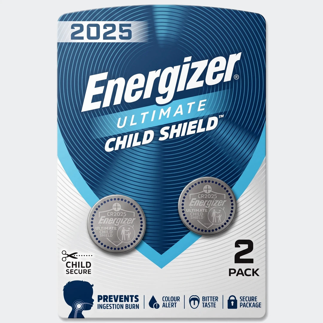 Energizer CR2025 Coin Lithium 2-pack batteries in blue and white child-secure packaging, displaying two grey coin cells.