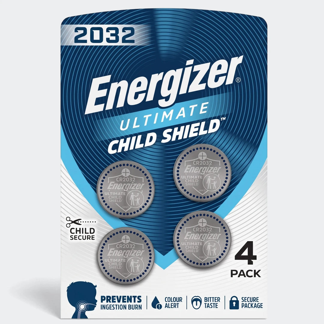 Energizer CR2032 Ultimate Child Shield 4-pack grey coin cell batteries in white and blue retail packaging.