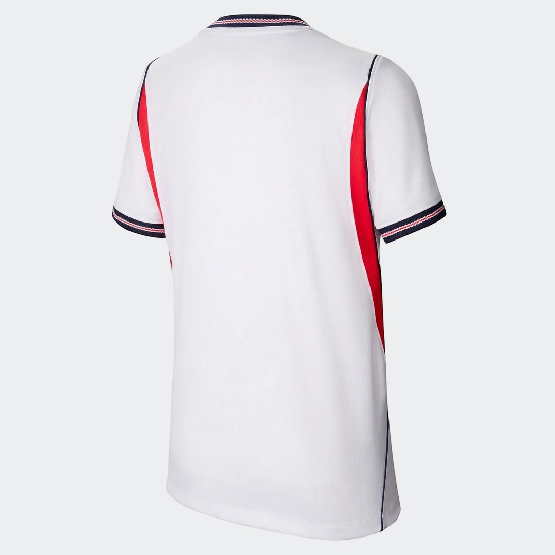 Back view of England National Team 2026 Stadium Home white Big Kids' Nike Dri-Fit soccer jersey with red side panels.