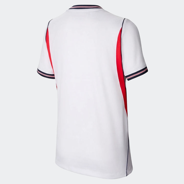 Back view of England National Team 2026 Stadium Home white Big Kids' Nike Dri-Fit soccer jersey with red side panels.