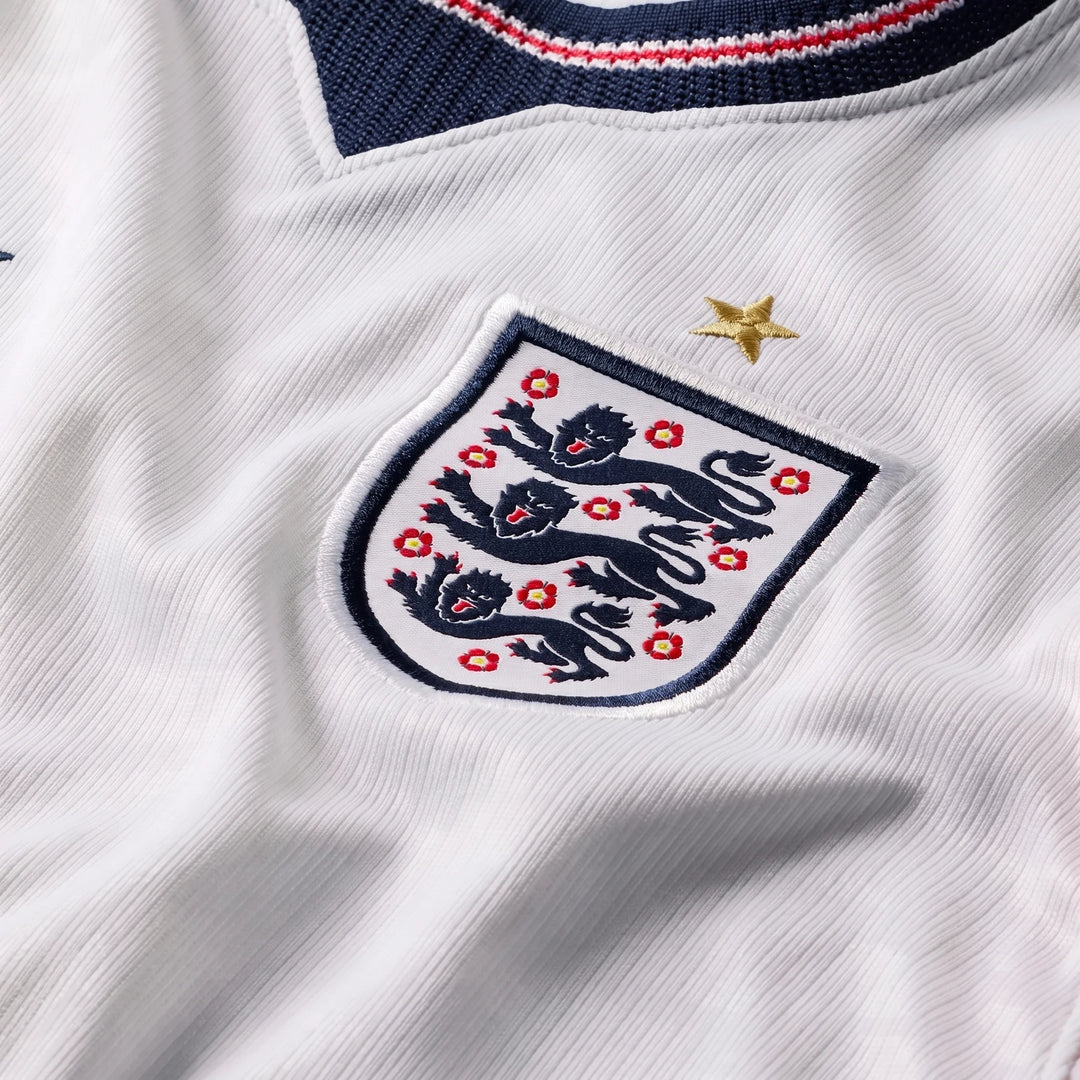 England National Team 2026 Stadium Home White Big Kids' Nike Dri-Fit Soccer Jersey, close-up of crest.