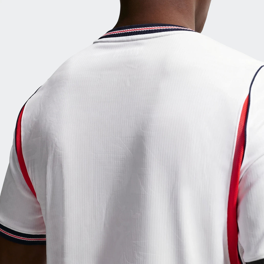 Back view of an England National Team 2026 Stadium Home White Men's Nike Dri-Fit Soccer Jersey, featuring red and navy trim.