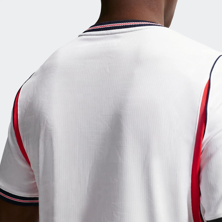 Back view of an England National Team 2026 Stadium Home White Men's Nike Dri-Fit Soccer Jersey, featuring red and navy trim.