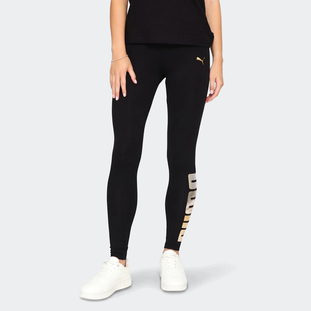 Ess Metallic Leggings black leggings with gold metallic logo and side graphic, full length front view