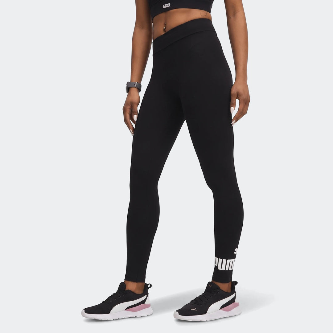 Ess No:1 Logo Leggings in black, high-waist stretch leggings with bold ankle logo print, front view