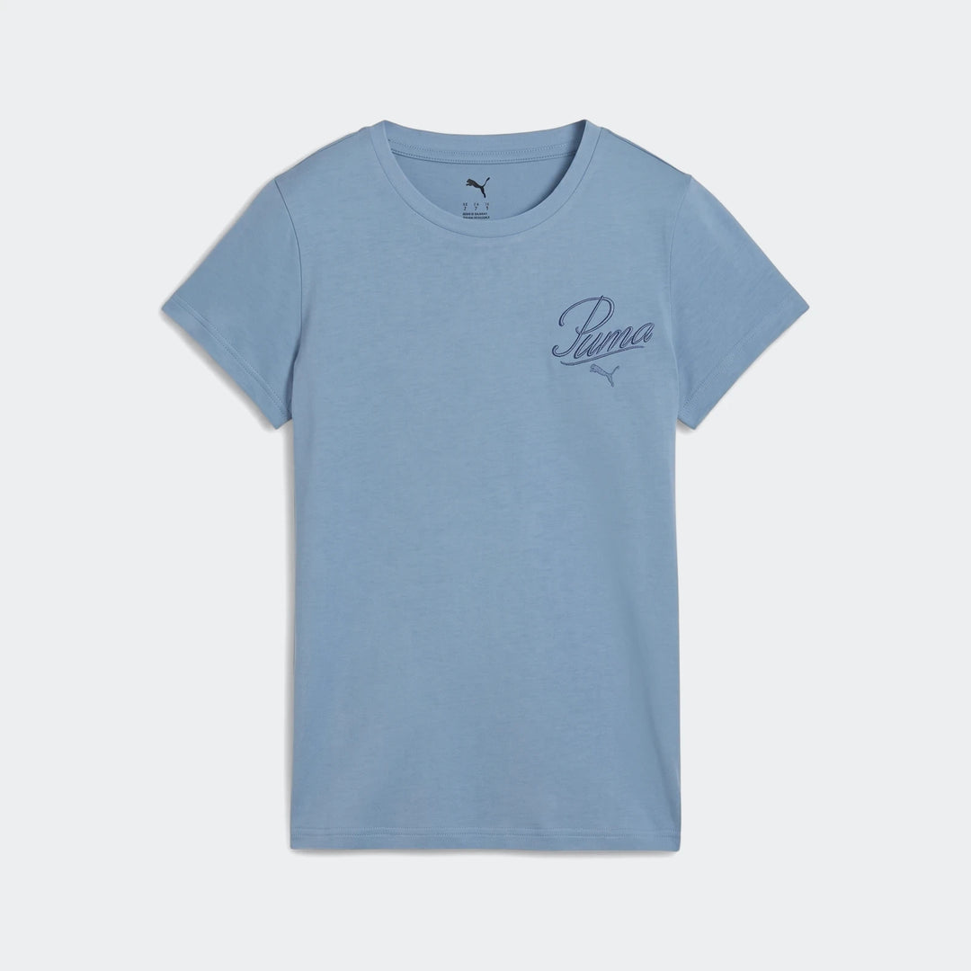 Ess Script Tee W women's light blue crewneck cotton T-shirt with short sleeves and Puma script logo on chest.