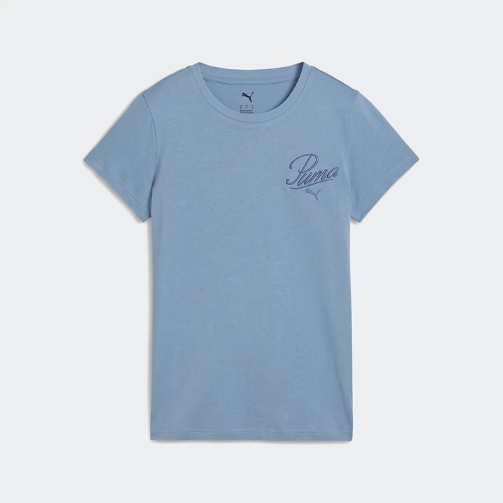 Ess Script Tee W women's light blue crewneck cotton T-shirt with short sleeves and Puma script logo on chest.