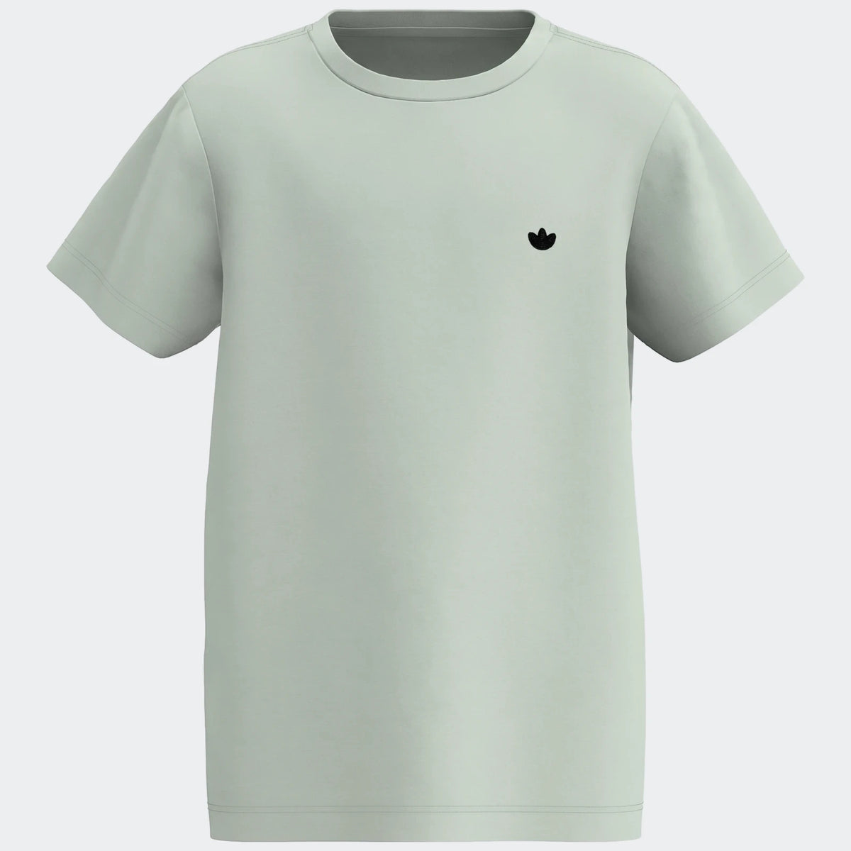 Essential Youth T-shirt in light sage green with a small black logo, presented in a front view with short sleeves and a crew
