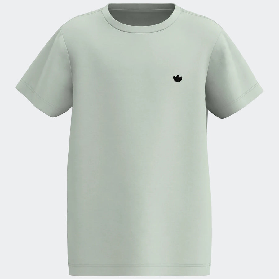 Essential Youth T-shirt in light sage green with a small black logo, presented in a front view with short sleeves and a crew
