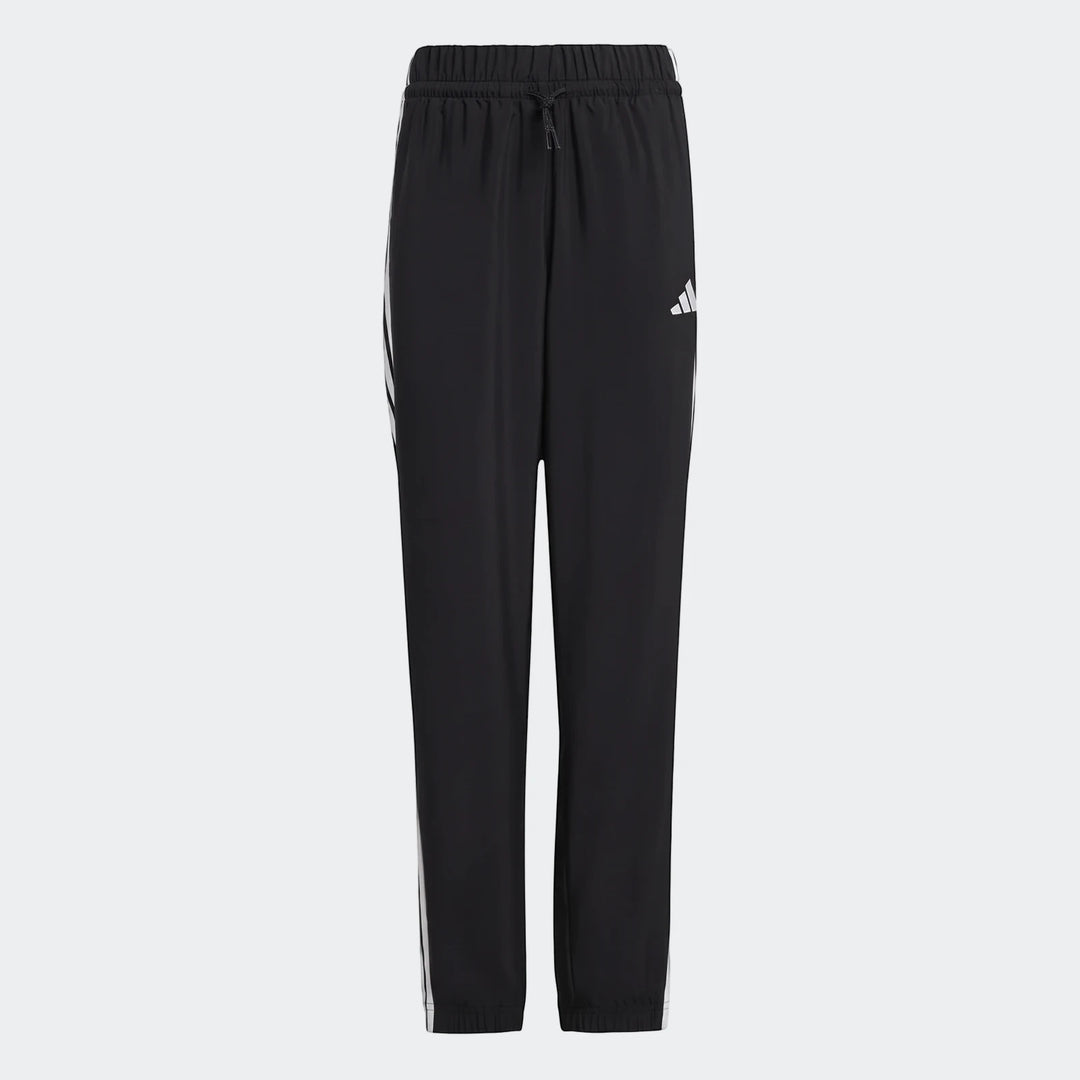 Kids' black Adidas Essentials Climacool tracksuit bottoms with white side stripes and a drawstring waist, shown on a white