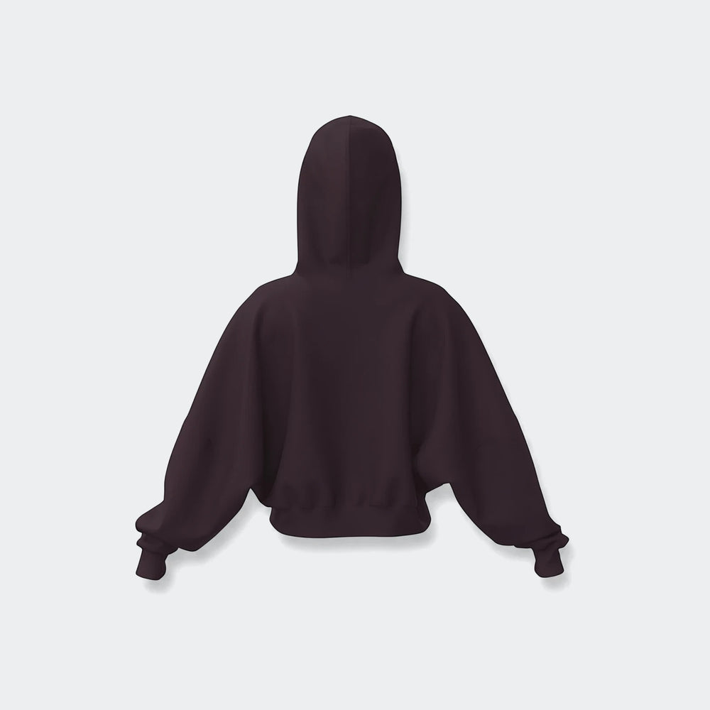 Dark plum Essentials Full-Zip Hoodie, shown from the back with voluminous sleeves and a relaxed fit, for casual wear.