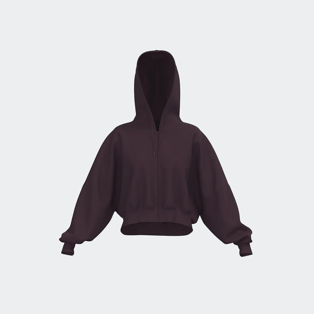 Essentials Full-Zip Hoodie in a dark plum color, shown from the front with the hood up, featuring a cropped length and
