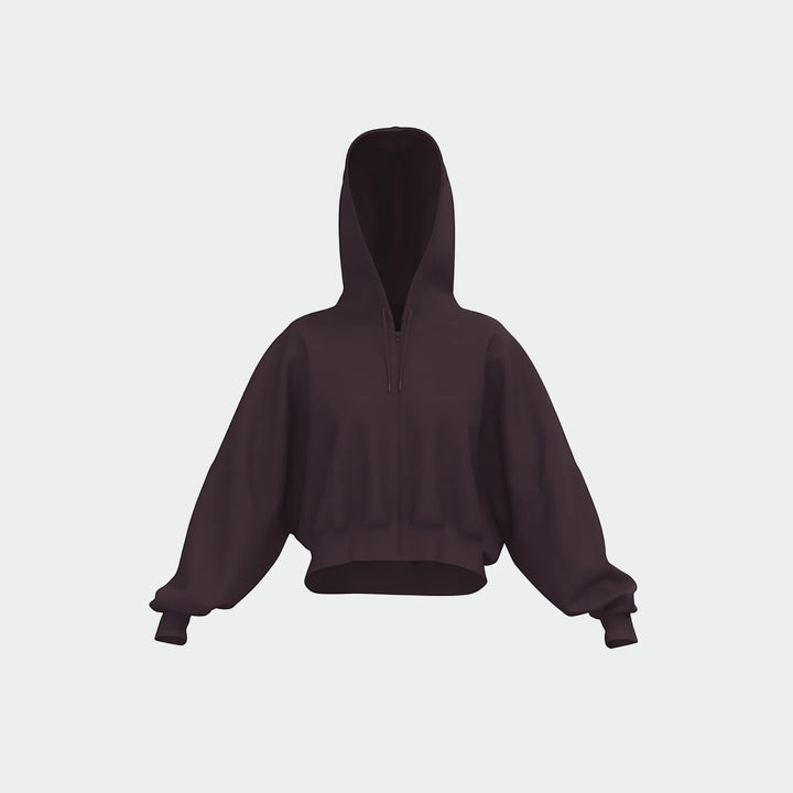 Essentials Full-Zip Hoodie in a dark plum color, shown from the front with the hood up, featuring a cropped length and