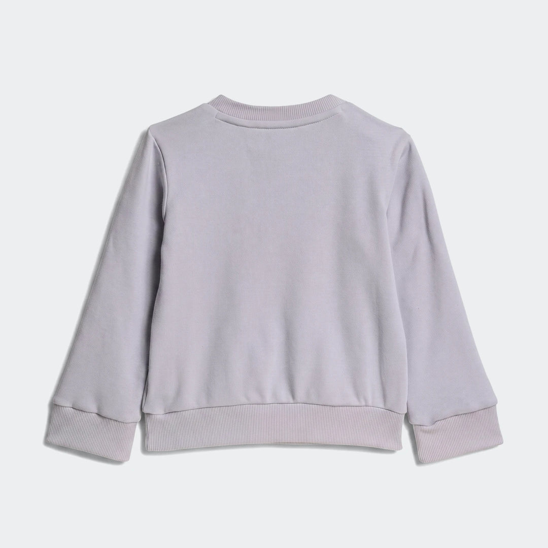Kids Essentials Joggers Set grey long-sleeved sweatshirt, back view, featuring ribbed crew neck, cuffs, and hem on a plain