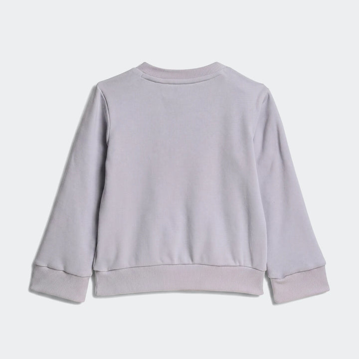 Kids Essentials Joggers Set grey long-sleeved sweatshirt, back view, featuring ribbed crew neck, cuffs, and hem on a plain