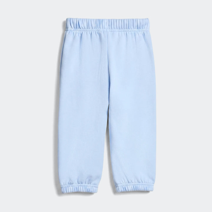Light blue Essentials Kids Joggers, made with soft fabric, featuring an elastic waist and cuffed ankles, presented in a flat